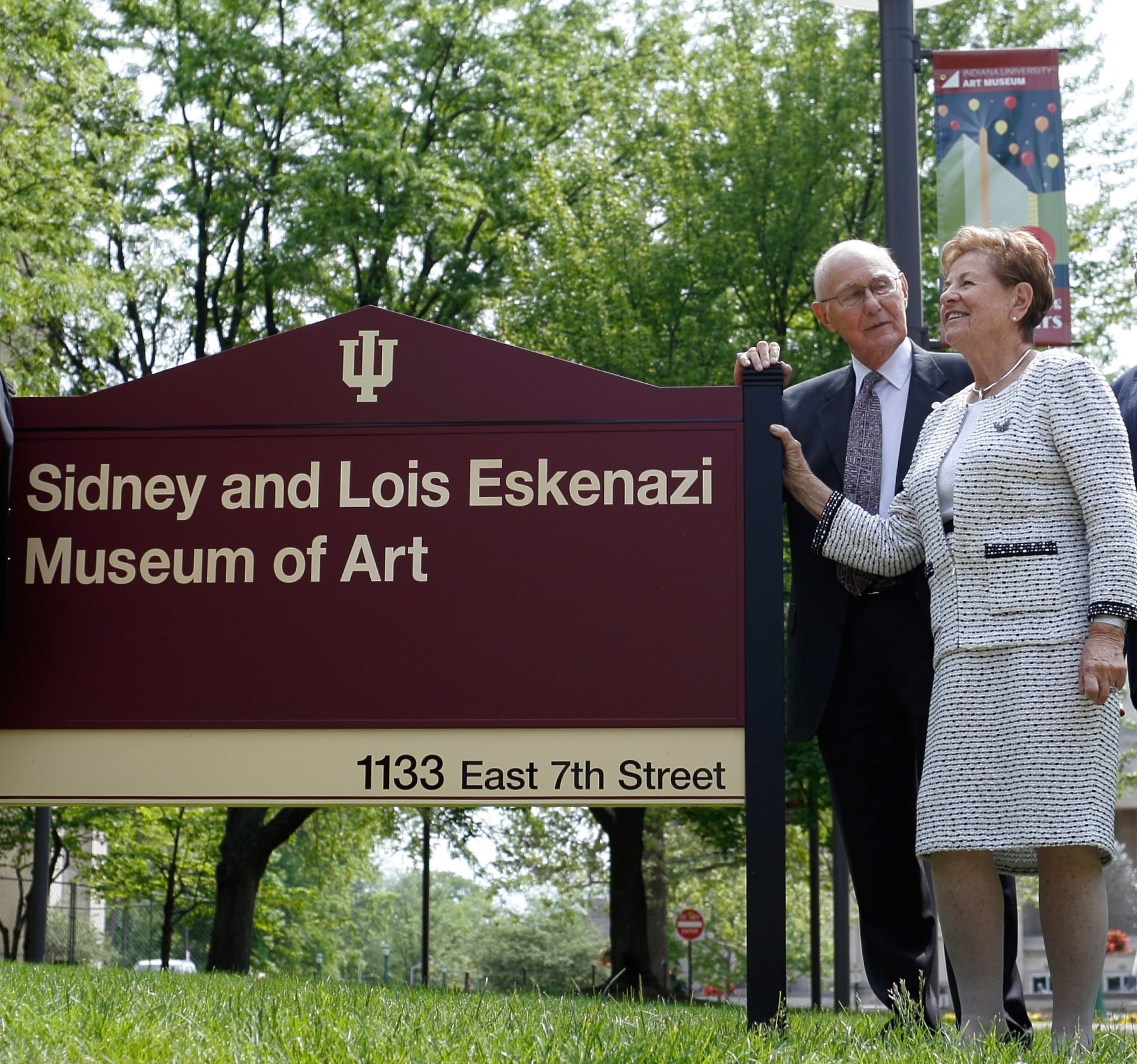 The Eskenazis unveiling the new sign at the building dedication ceremony at the IU Art Museum on May 11, 2016 on the campus of IU Bloomington.